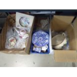 3 boxes of assorted items to include rose decorated teapots, blue and white china and a gazunder
