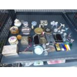 Cage containing small glass Mirano figures, card boxes, hip flasks, lighters, etc