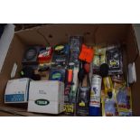 Box of assorted fishing accessories to include float line spray, floats, hooks and reels