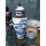 Oriental blue and white vase and 2 Quimper bowls