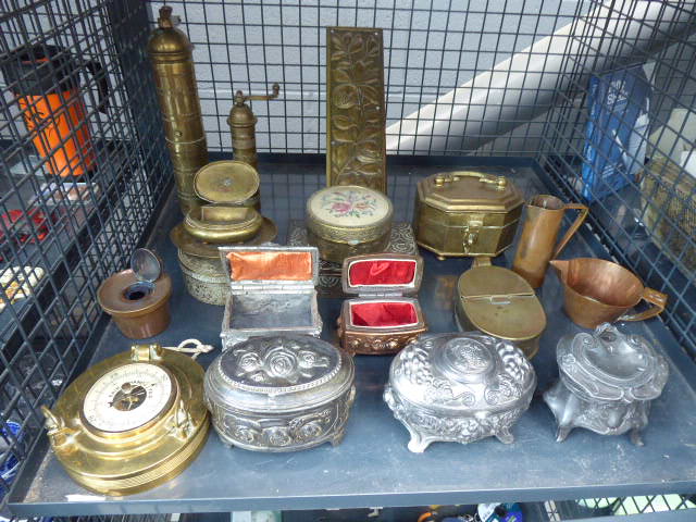 Cage containing mainly copper and brass and pewter trinket boxes