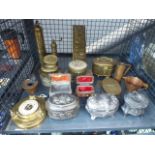 Cage containing mainly copper and brass and pewter trinket boxes