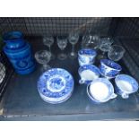 Cage containing cut glass glasses, blue vase and blue and white china