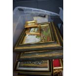 Box of assorted pictures, ceramic miniature wall plaques, etc