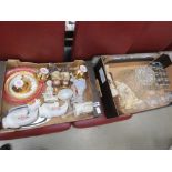 Two trays of assorted figurines, collectible tea cups, cut glass bowls and spice jars