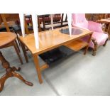 5201 Teak topped coffee table with shelf under and circular glass insert