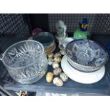 Cage containing glass clown figurines, blue and white bowls, cut glass bowls and collectable peg