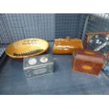 Cage containing collectable tins, bed warmer and large Earthenware dish