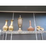 Five pieces of brass and copperware to include lamp bases, urns etc
