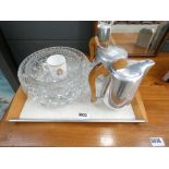 Part Picquot set of coffee pot, tea pot and tray plus some cut glass bowls