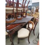 Six balloon back dining chairs with white and grey fleur de lys decorated fabric and three more of