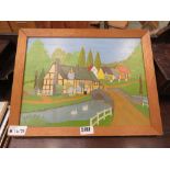 Naive painting of a riverside scene