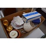 Single box of assorted ceramics to include jugs, glass candlesticks, plates, gold painted cream