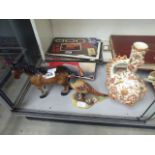 2 collectable animal figurines of horse and a pheasant plus a floral decorated vase