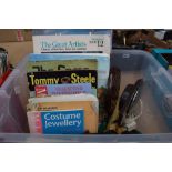 Single box of collectable items to include pipe cases, vintage wall clocks and collectable books