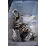 Crate of assorted items to include white metal teapots, cream pots, candlesticks, mugs, plates, etc