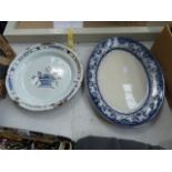 2 blue and white serving platters