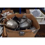Large box of assorted silver plate and pewter teapots, mugs, jugs and bowls