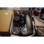 Quantity of pewter ware mugs, grinder, bed warming pan and a vintage Bovril jar