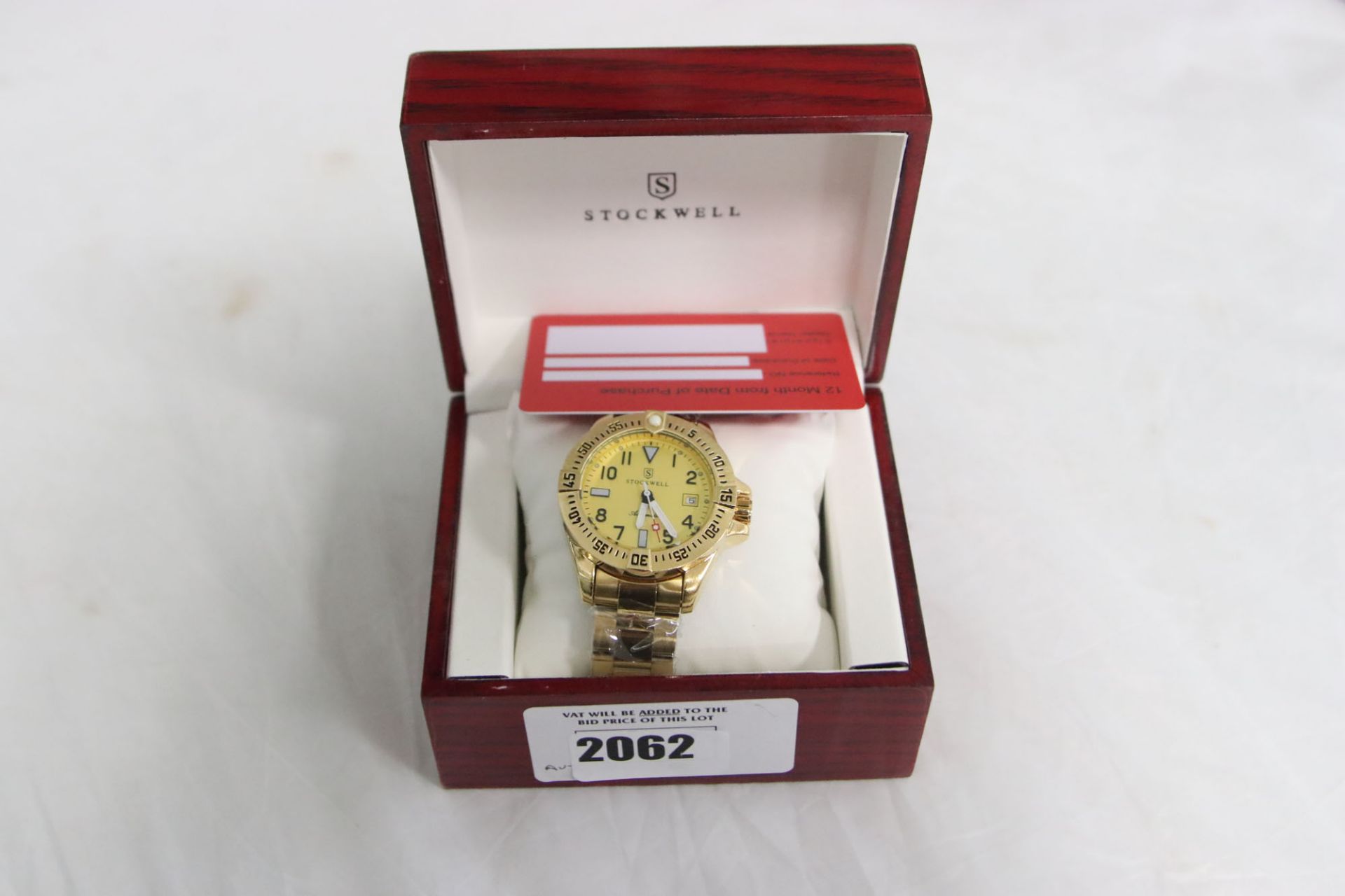 Stockwell gents automatic wristwatch in yellow stainless steel finish with box