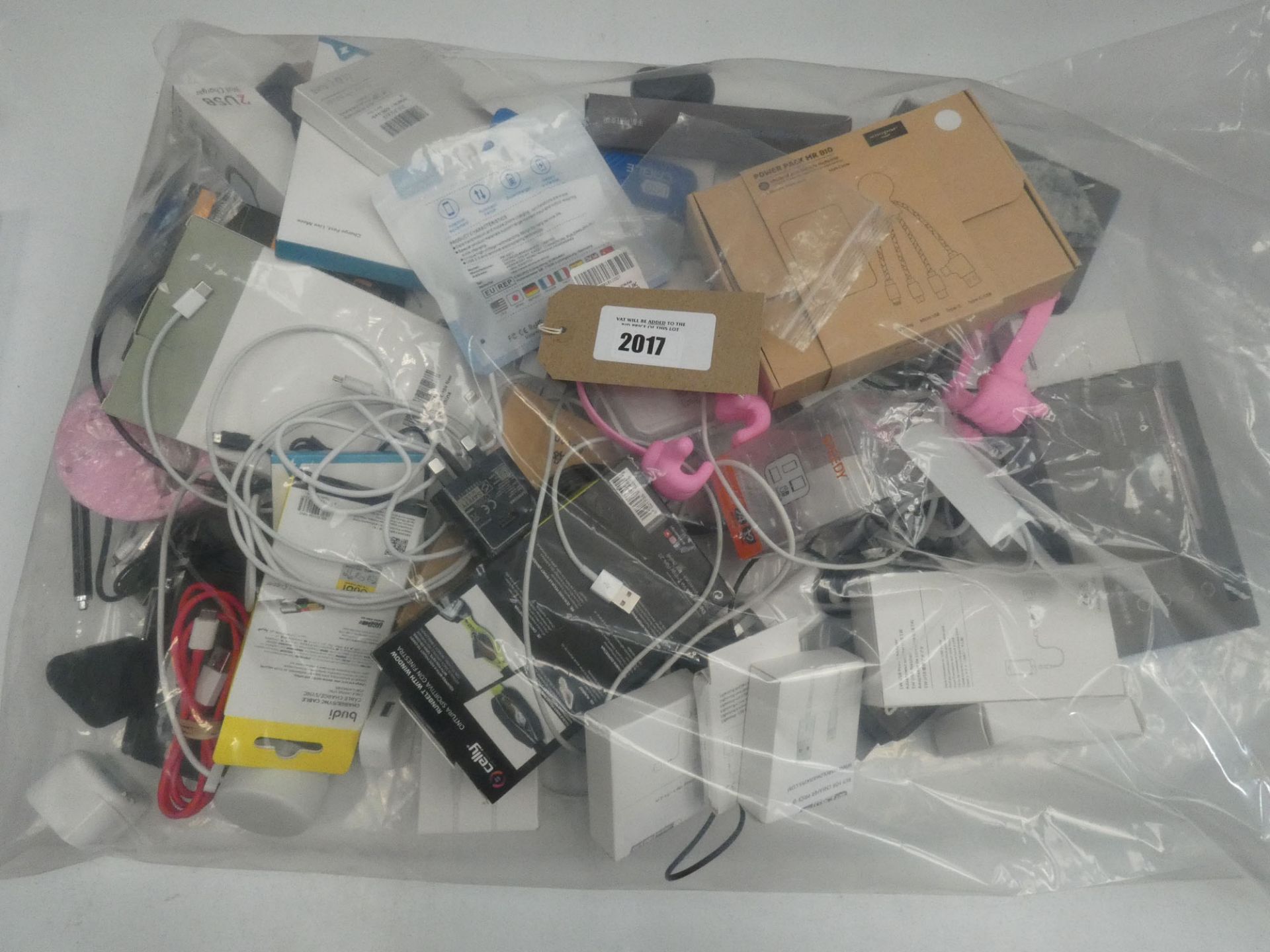 Bag containing quantity of mobile phone accessories; leads, adapters, chargers, earphones, etc