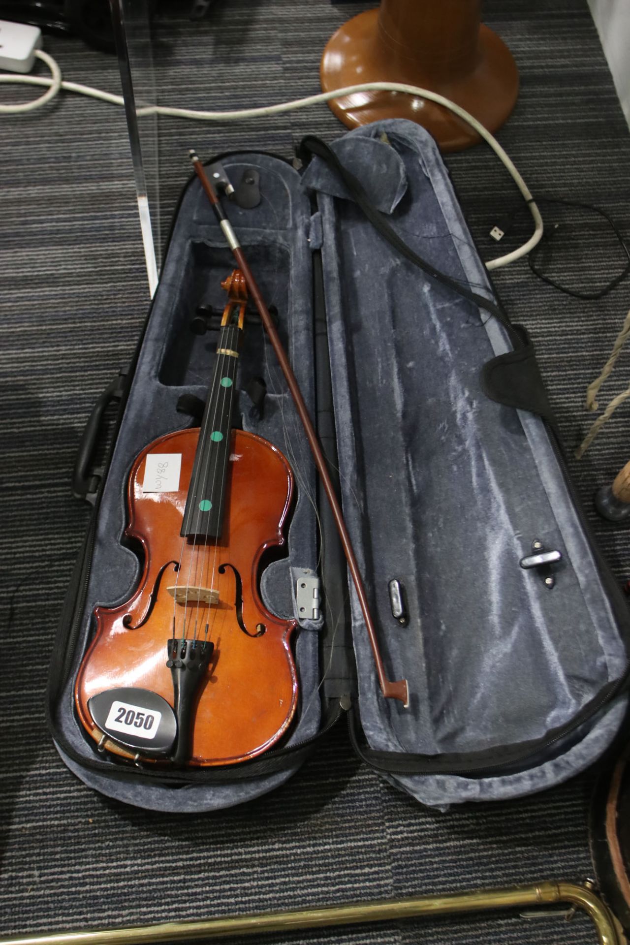 Practice violin with bow and hard case (zip damaged on case, bow unstrung)