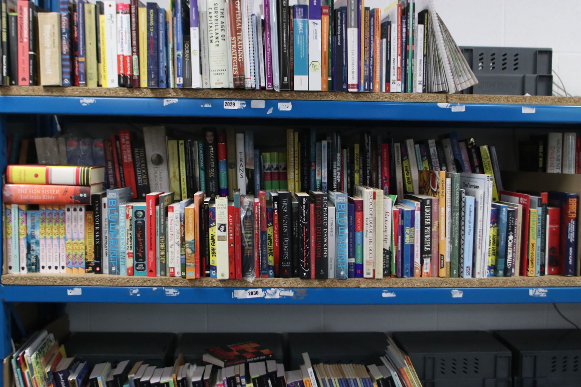 Large shelf comprising various hardback and paperback novels, autobiographies, etc