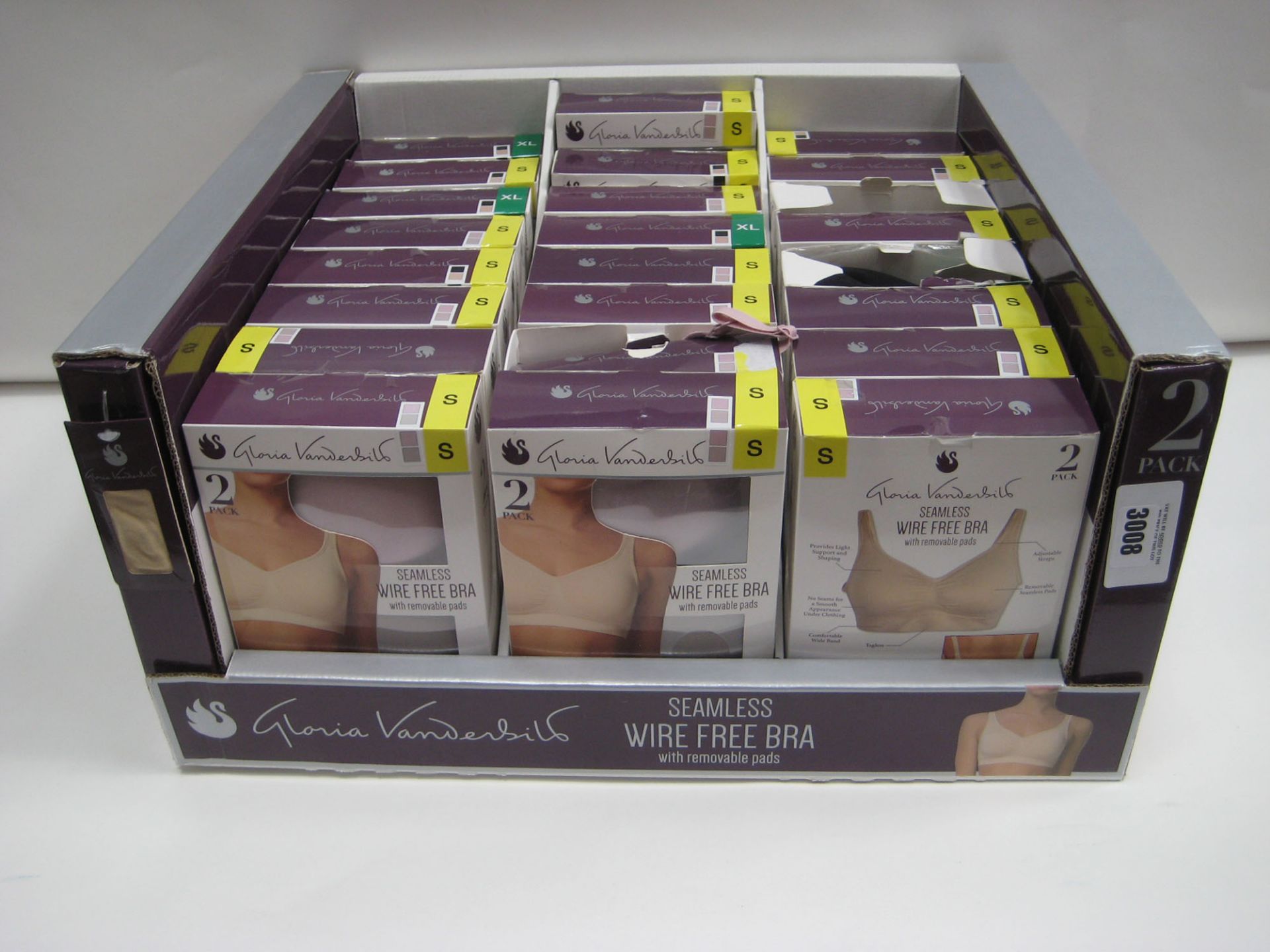 Box containing approx 24 twin pack seamless wire free bras by Claudia Vanderbilt