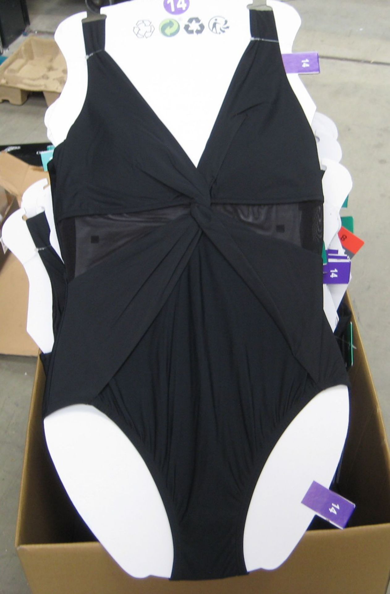 Box containing approx ladies swimsuits mainly in black sizes 8 - 14