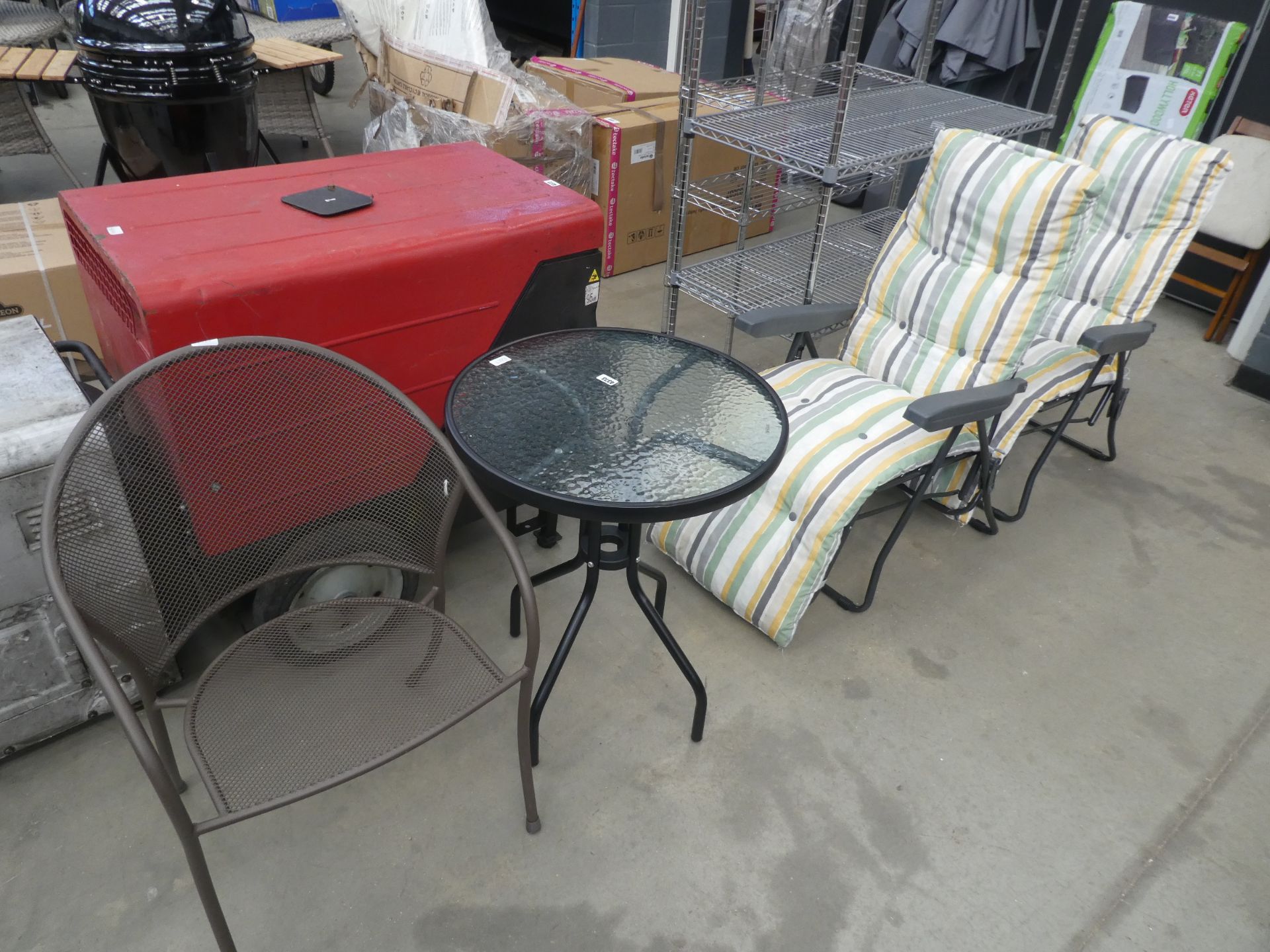 Small black glass top table and brown mesh chair, with 2 grey garden loungers