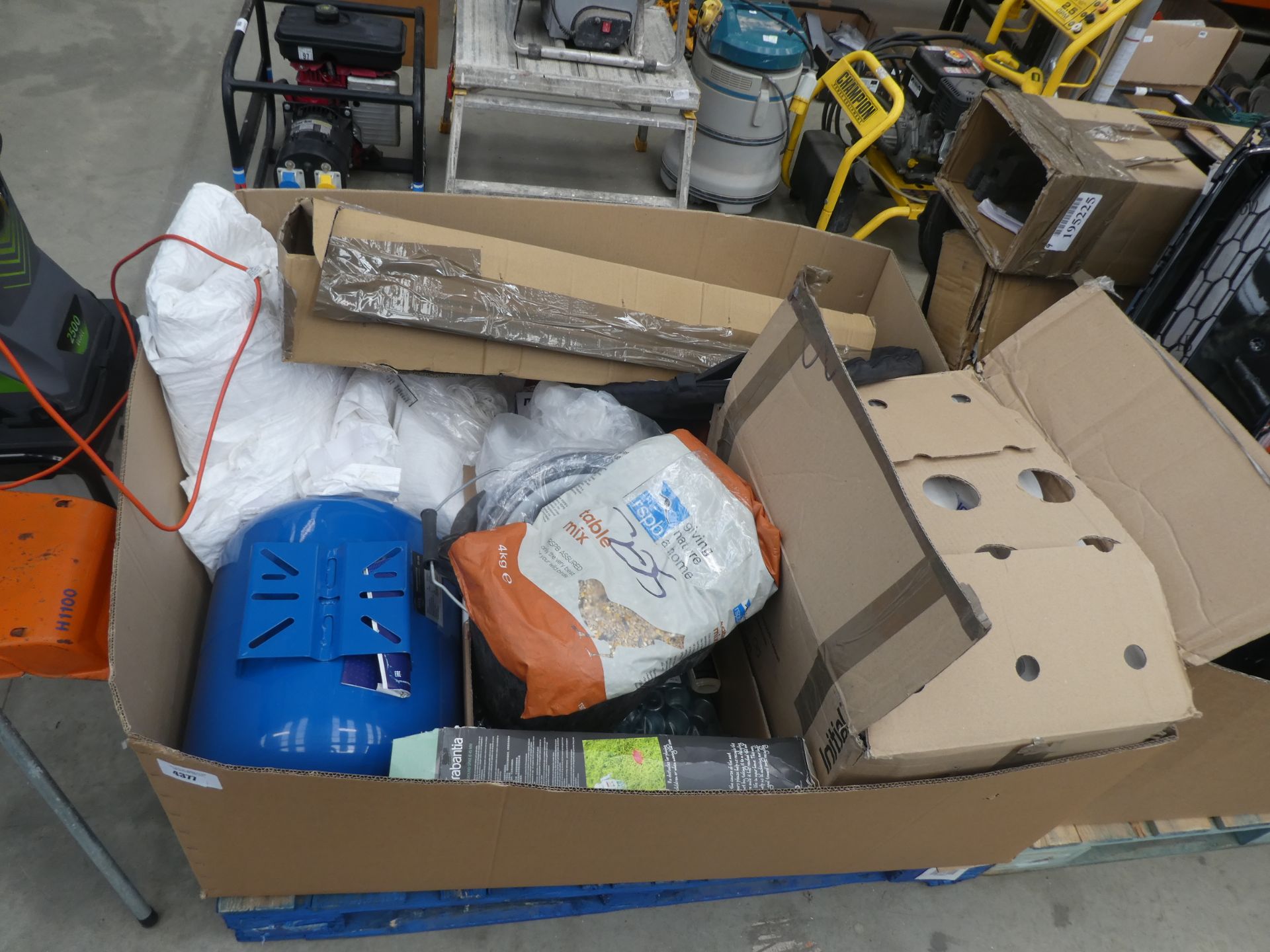 Pallet box containing bird feed, flatpack unit, seat cushions, buckets, metal couplings, toilet roll