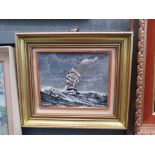 Oil on board of a sailing ship signed 'Holle'