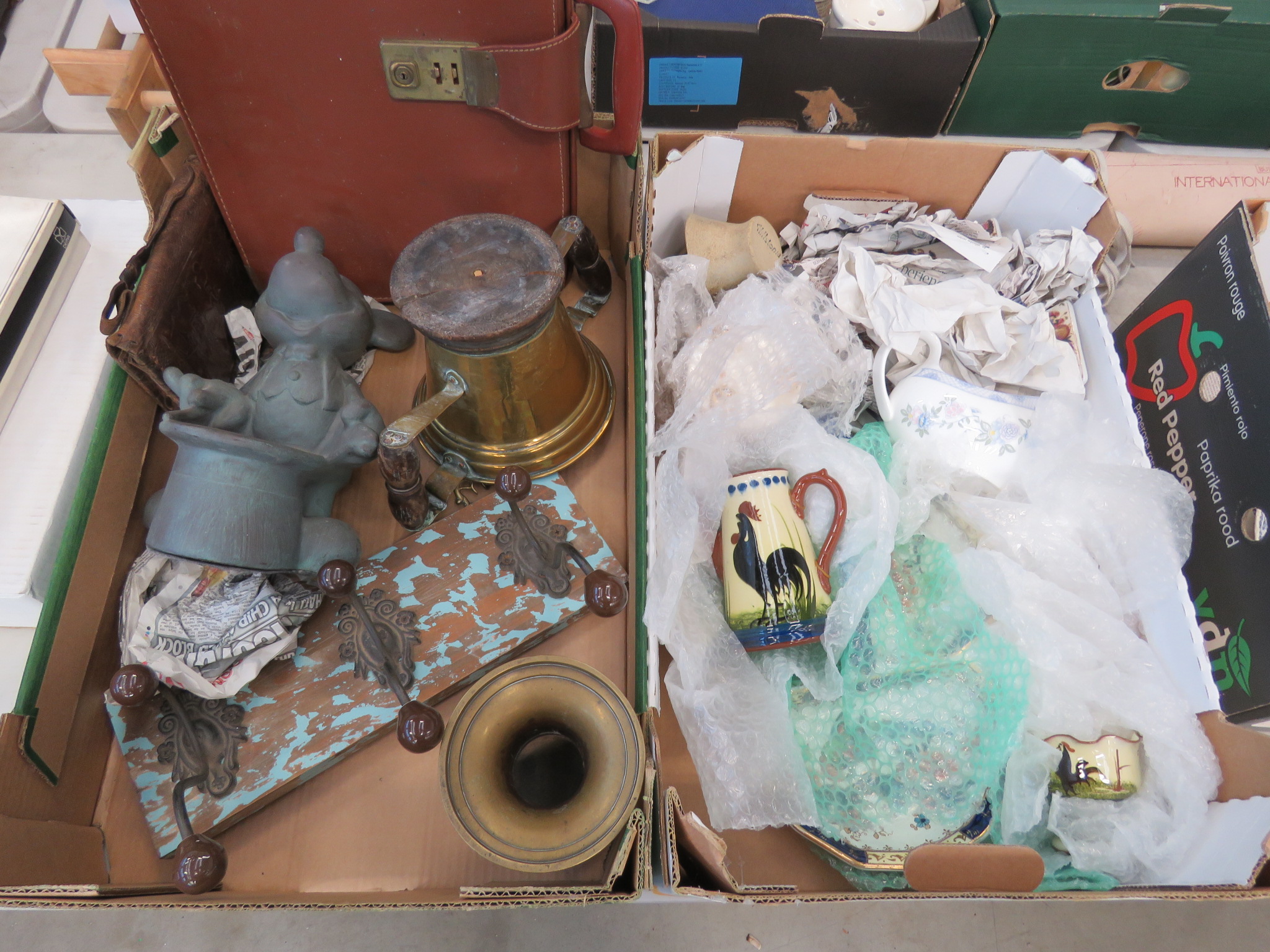 Box containing coat rack, Chinese style censor, twin handled brass vase, leather wallet etc.