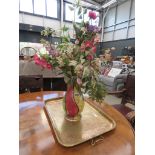 1950's multicoloured vase together with a brass beaten tray