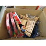 Box of children's hangars, toys, kitchenalia etc.