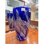 European blue and clear crystal vase etched with wheat