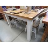 Pine topped kitchen table together with 2 slat back chairs