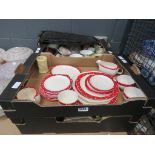 4 trays of Midwinter Stylecraft polka dot ceramics, other ceramics, glass, etc