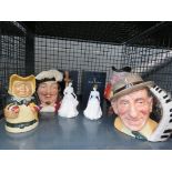 2 boxed Royal Doulton ladies together with a group of character jugs