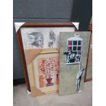 Banksy print, Collie print and a decorative print