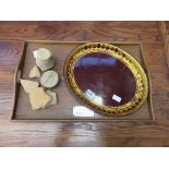 Oak butler's tray, a lacquered tray and a group of rocks