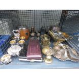 Cage of silver plated wares, oak biscuit barrel, etc