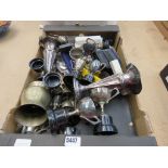 Box of assorted silver plated trophies etc