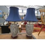 Pair of ceramic table lamps with blue shades