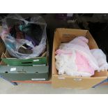 Three boxes of lace hats and accessories, table linen etc