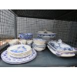 Cage of blue and white tablewares and other crockery