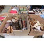 3 boxes of Cornish pottery, brassware, photographic plates, binoculars, shoe treens and faux