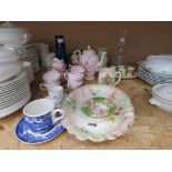 Tuscan china pink tea service together with a Whitefriars knobbly style vase, a Doulton character