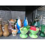 Cage of brassware, glass, ceramics, majolica style dish etc.