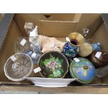Box of Cloissone, shells, crystal etc